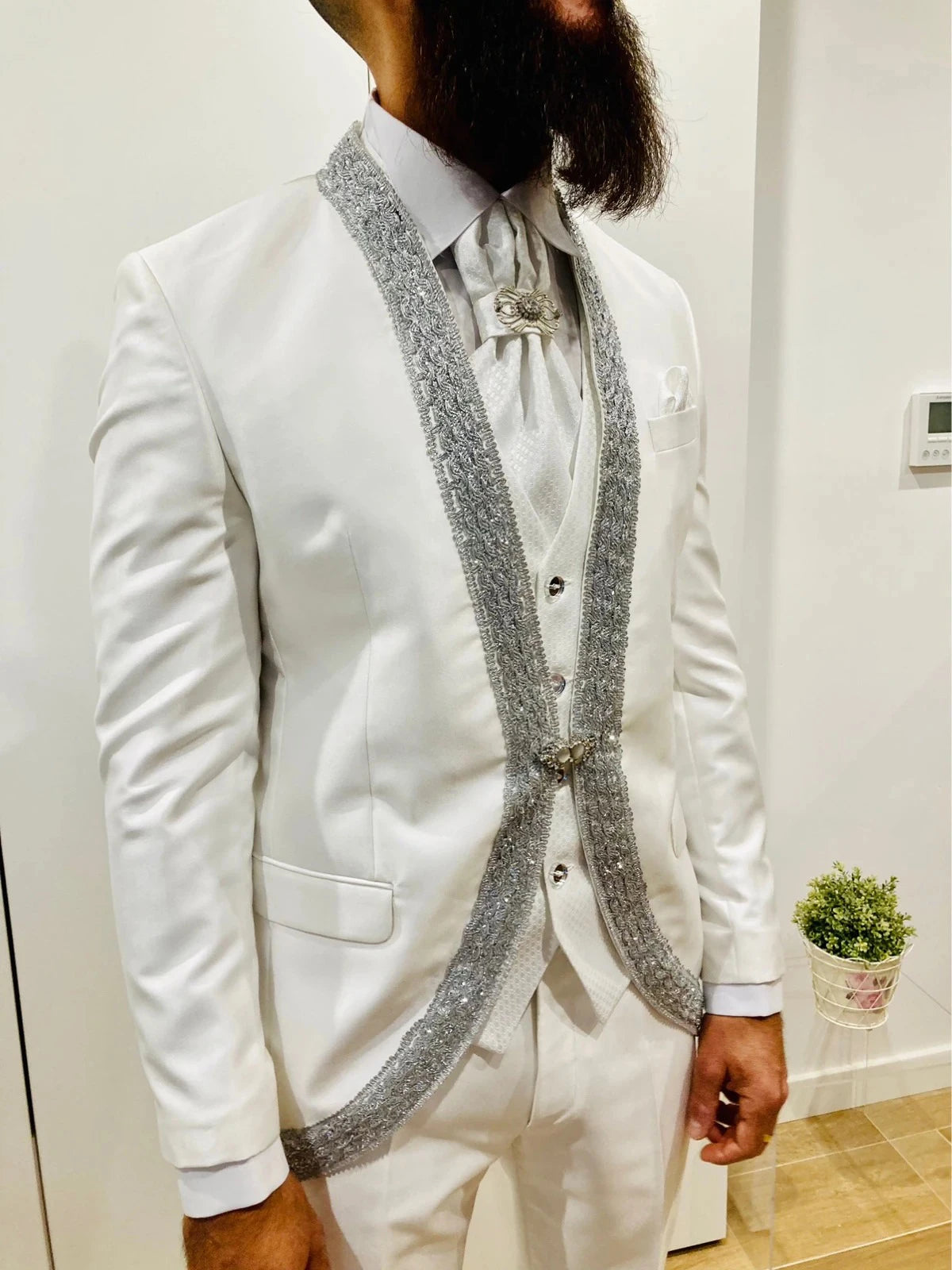 Fashion Man Suits Fit Slim Beading Shawl Lapel Party Prom 2 Pieces Set Blazer Rhinestone Customized One Button Jacket Pants