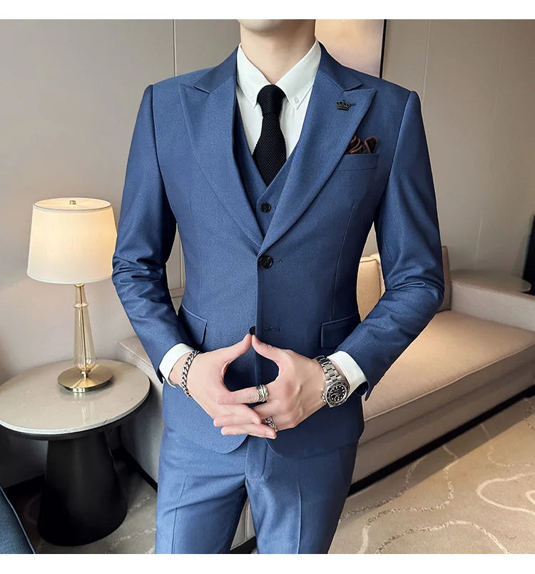 (Chaqueta + chaleco + pantalones) Traje de lujo de primavera para hombre, traje formal para novio, esmoquin de boda, traje ajustado para fiesta de trabajo, 3 piezas