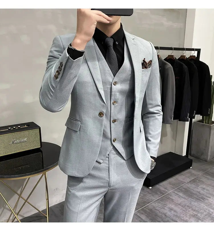 (Traje + chaleco + pantalones) Traje elegante de negocios a cuadros para hombre, corte entallado, informal, conjunto de 3 piezas