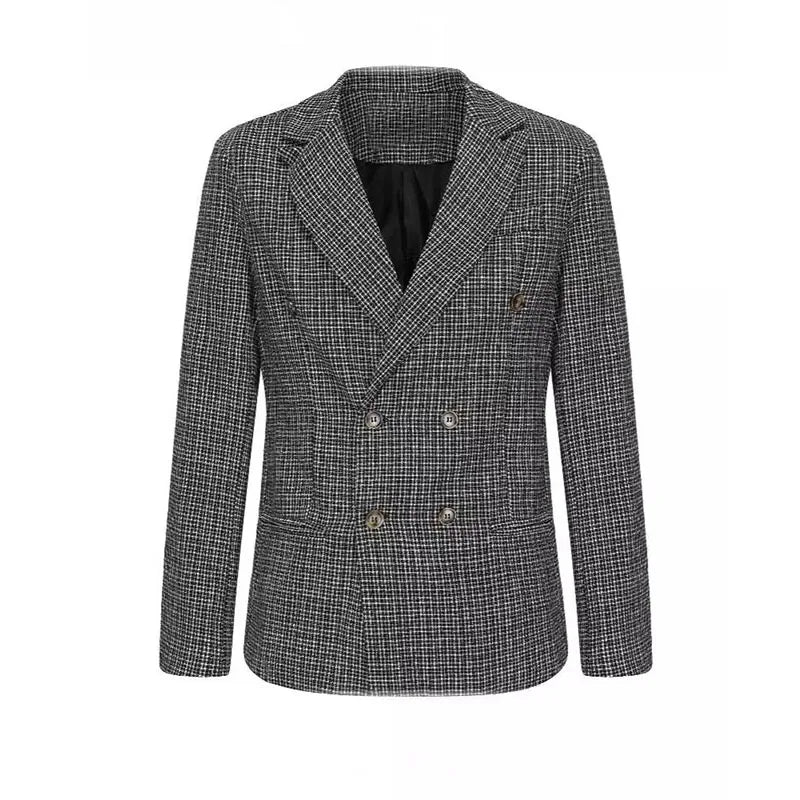 Autumn Men Blazers Slim Fit Plaid Suits Jackets Male Long Sleeve Double-breasted Outerwear Business Casual Coats
