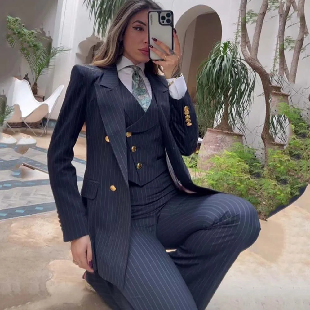 Trajes de lujo a rayas azul marino para mujer, de un solo pecho, de 3 piezas, chaqueta, pantalón, chaleco, ropa de oficina, conjuntos de blazer.