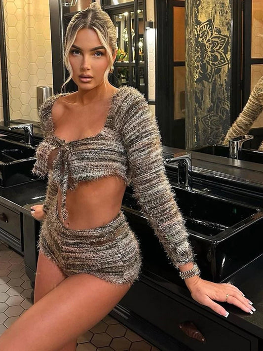Weird Puss Stripe Knit Women 2 Piece Set Furry Soft Lace Crop Tops+Shorts Stretch Fall Matching Street Casual Hipster Outfits