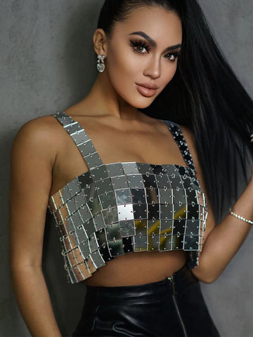 Sexy Halter Metal Sequin Crop Top Women Summer Glitter Beach Club Party Tank Top Y2k Streetwear Womens Tops Hotwife Rave Outfits