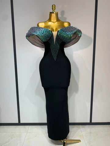 Women Celebrity Sexy Off Shoulder Beading Bodycon Maxi Long Bandage Dress Elegant Evening Club Party Luxury Birthday Outfit