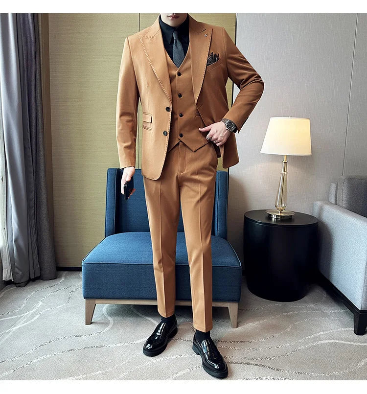 (Chaqueta + chaleco + pantalones) Trajes elegantes de 3 piezas, de marca, corte entallado, de un solo botón, para fiesta, formal, de negocios, para boda, esmoquin.