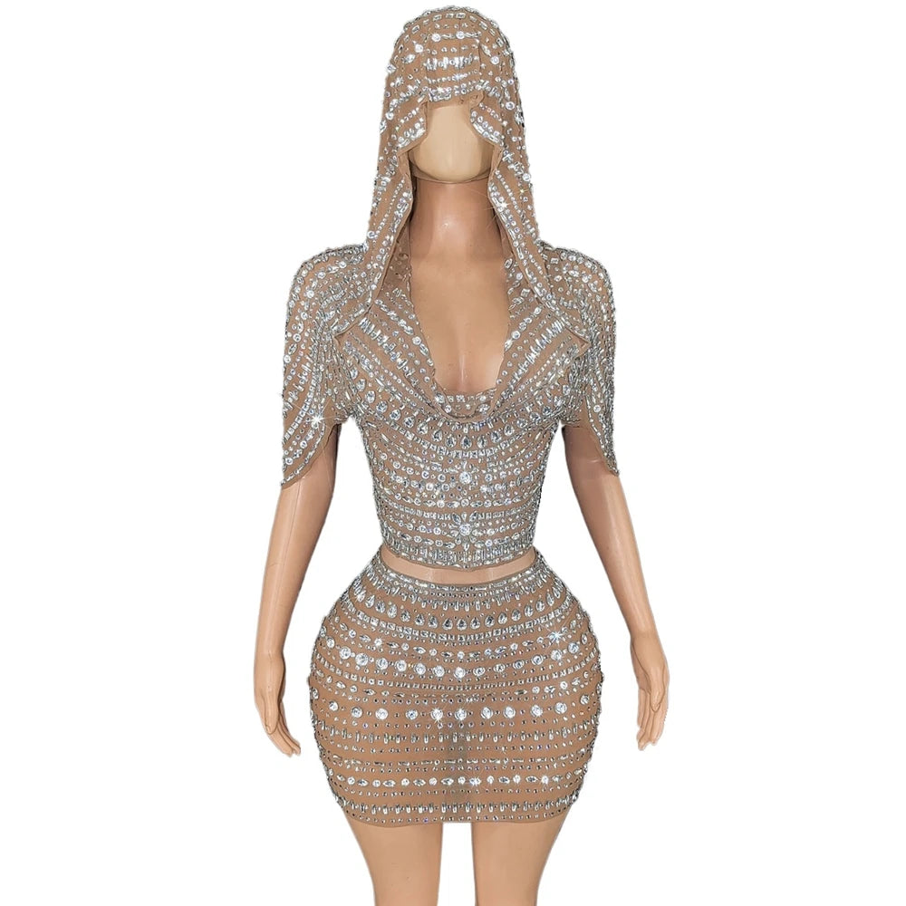Sparkly Rhinestones Hoodie Top Mini Skirt Women Sexy Mesh See Through Celebrate Birthday Evening Prom Dress Photo Shoot Dress