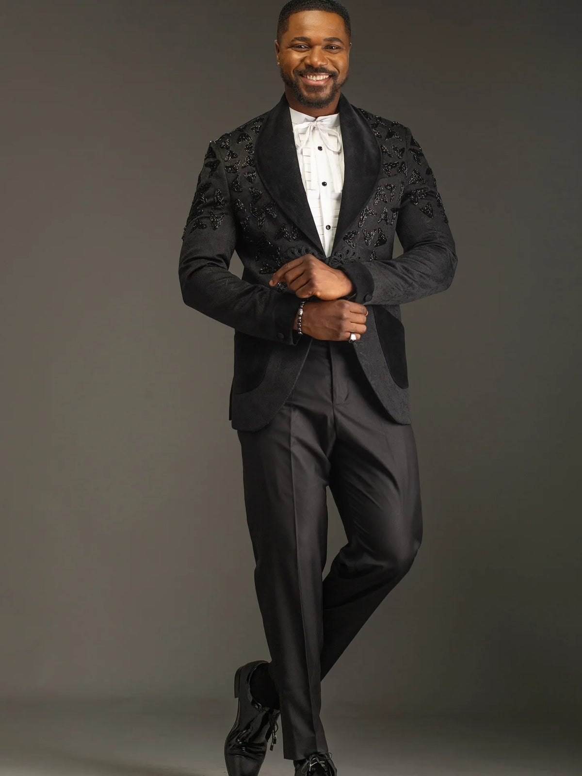Handsome Men's Suits Jacquard2 Pieces Set Tailor-Made Jacket Beading Blazer Shawl Lapel One Button Groom Customized Coat Pants