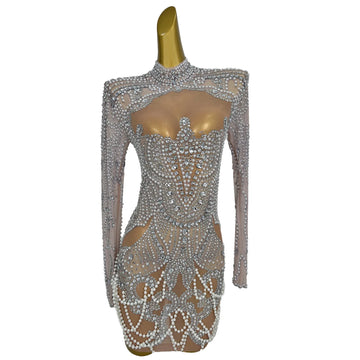 Sexy Flashing Sheath Mini Dress Luxury Diamonds Pearl Birthday Evening Party Nightclub Performance Costume Stage Wear