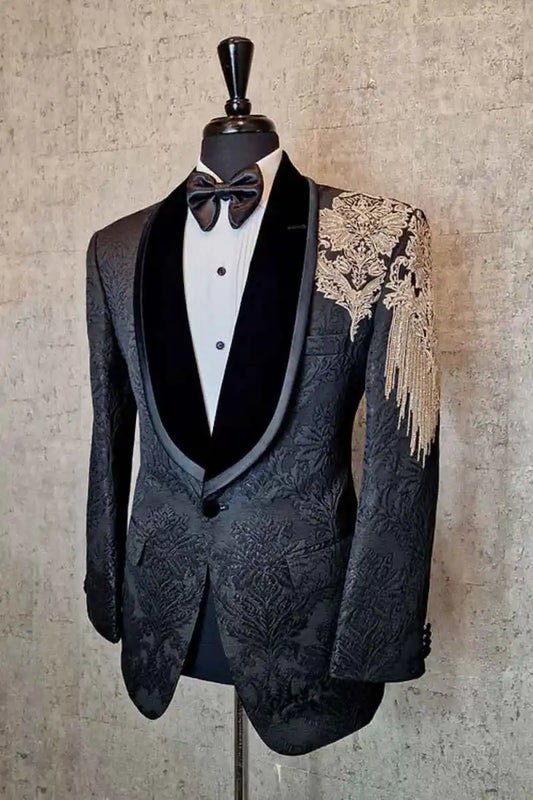Royal Wedding Tuxedos Beading Jacquard Men Suit Shawl Lapel 2 Piece Set Jacket Pants Formal Groom Business Blazers Customized