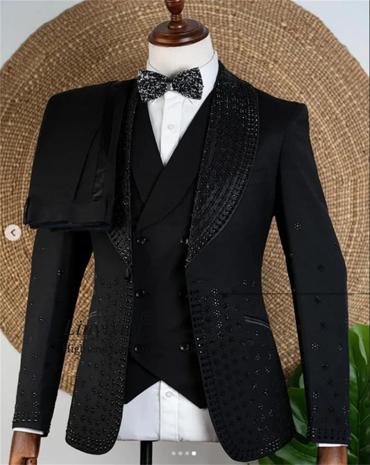 Sparkly Crystals Bead Men Suits 3 Pieces Sets Groom Tuxedos Slim Fit Business Wedding Trajes Para Hombre Customized Prom Blazer