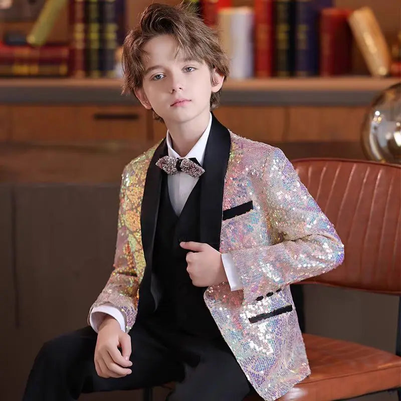 Boys Suit Set Sequin Formal Suit Jacket Vest Pants Set Handsome Flower Boy Mini Suit Jacket Host Piano Performance Costume
