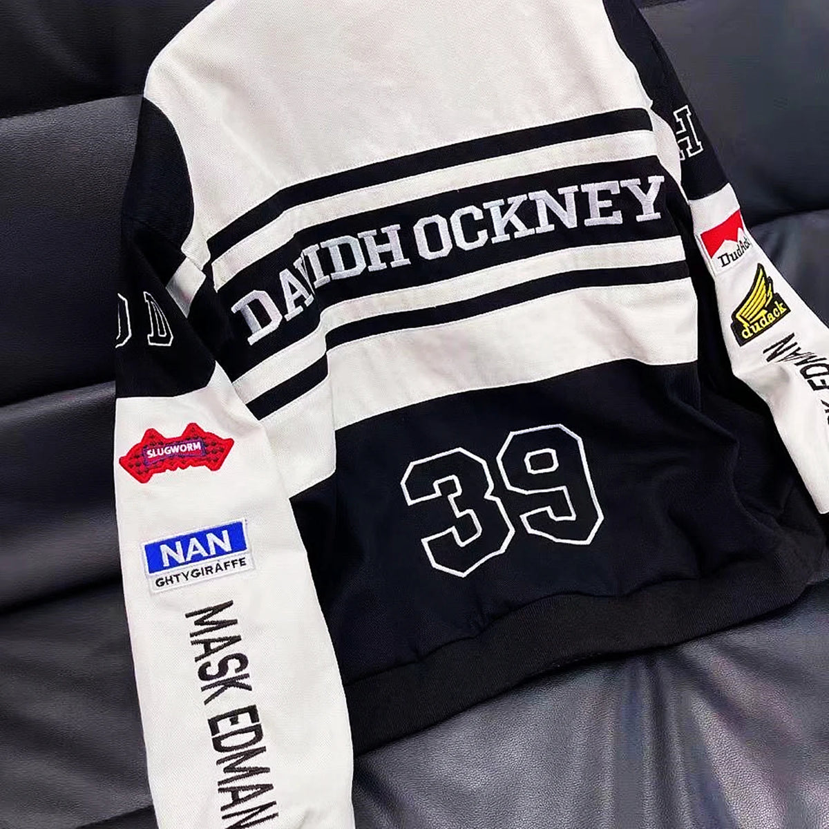 Stylish Black White Jacket with Embroidered Patches and Letters