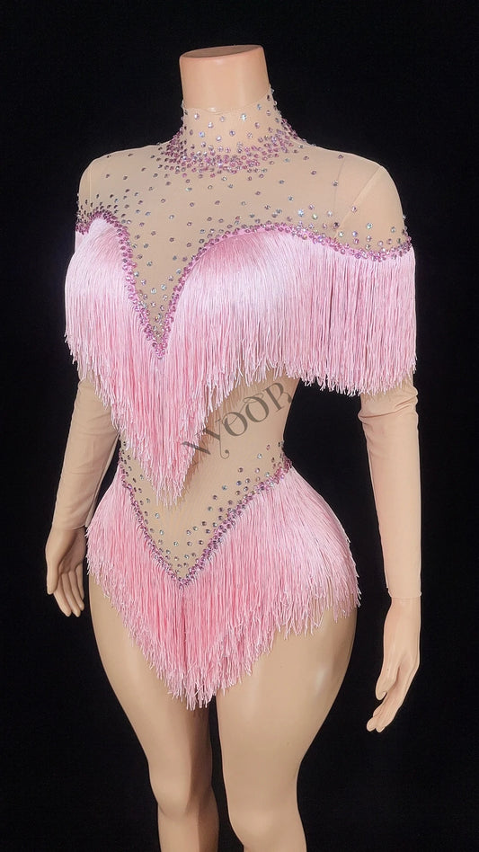Body rose à strass scintillants et pompons pour femme, tenue de danse sexy en maille, tenue de scène, tenue de discothèque 