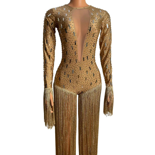 Luxury Wowen Sexy Long Sleeve Tassel Gold Backless Jumpsuit Performance Dance Costume Nightclub Stage Wear Party Rompers