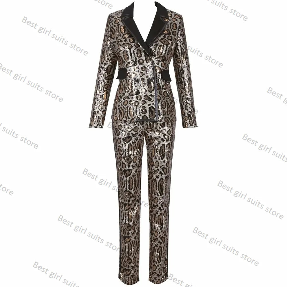 Ensemble 2 pièces imprimé léopard pour femme, veste et pantalon, blazer à paillettes de luxe, pour mariage, formel, bureau