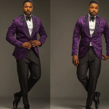 Modern Men's Suits Tailor-Made Jacket BEading Blazer Peaked Lapel One Button Groom Customized Coat Black Pants