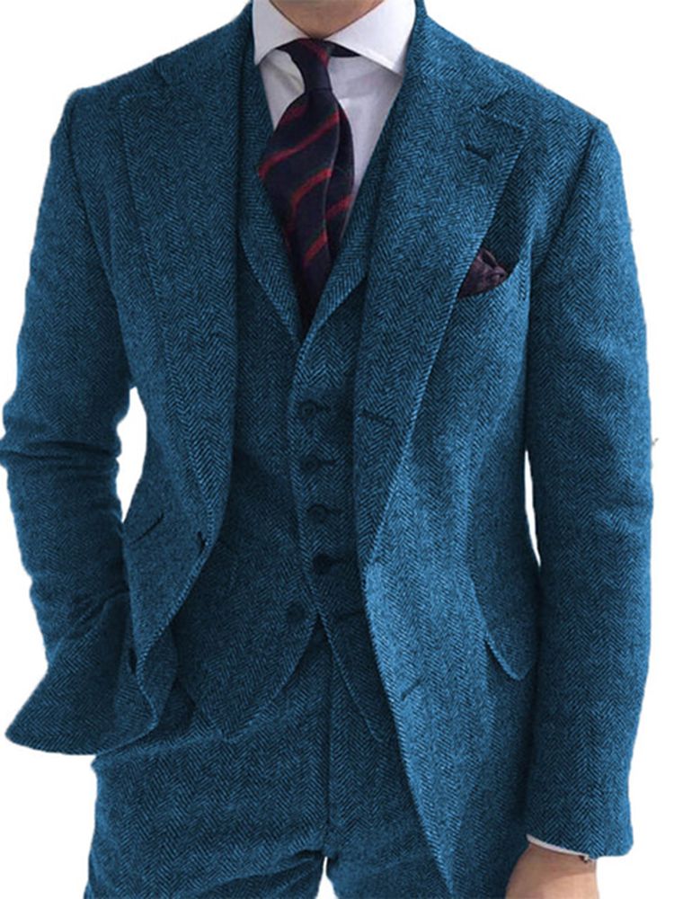 Blue Wide Lapel Herringbone Pattern Blazer Trousers 3pcs Jacket Pants Vest Men'S Set Wedding Clothing Dinner