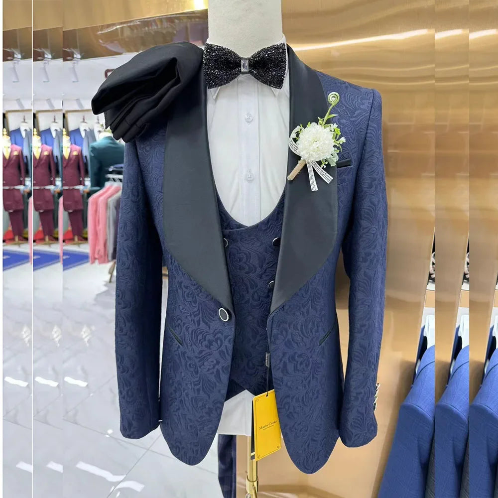 Trajes de boda para hombre, esmoquin azul marino con estampado floral, traje formal de solapa chal, traje de 3 piezas personalizado para padrinos de boda, blazer, chaleco y pantalón.