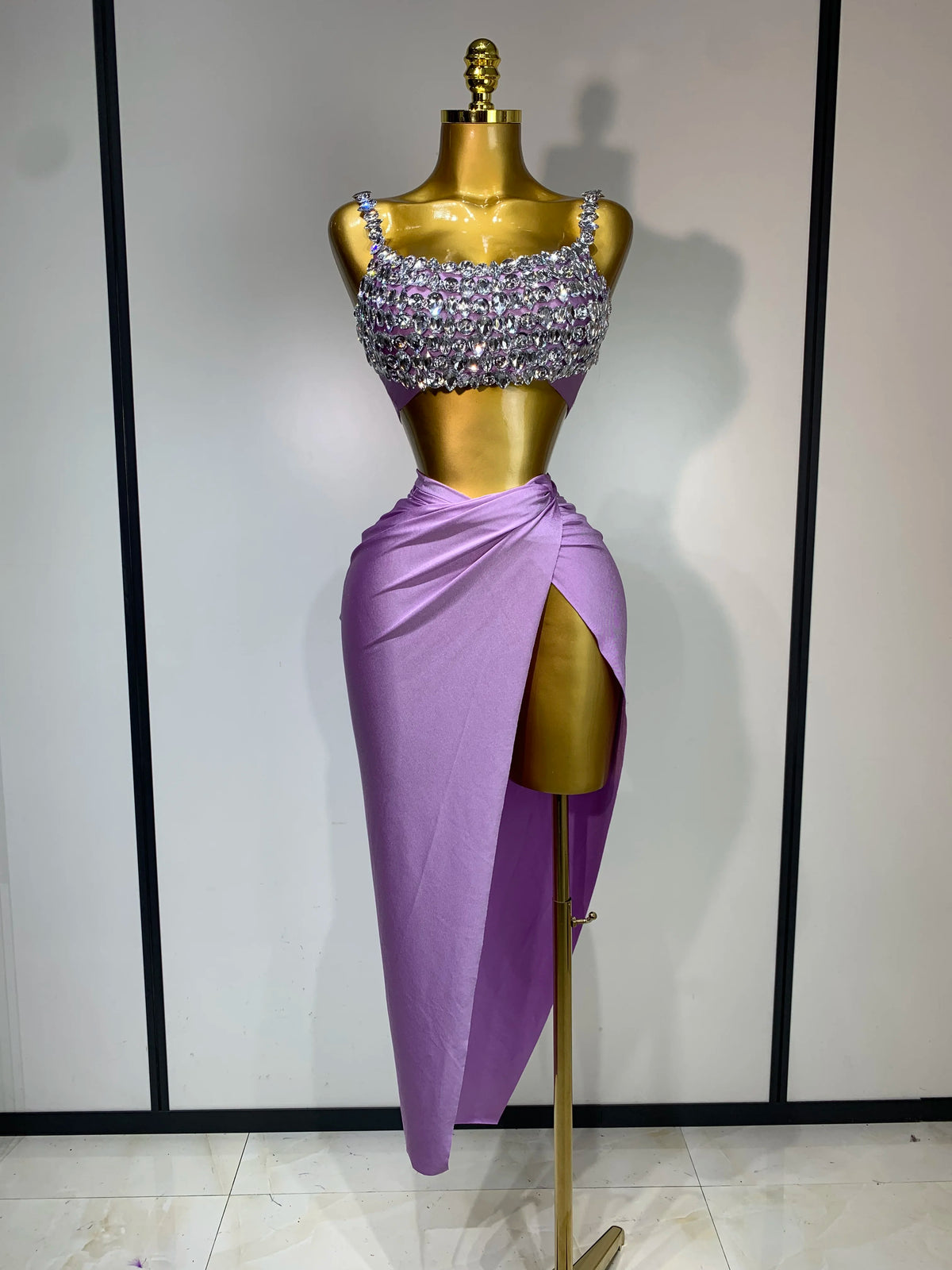 Women Sexy Sparkly Rhinestone Two Pieces Set Stretched Nightclub Skirt Suits Birthday Singer Dancer Stage Performance Costume