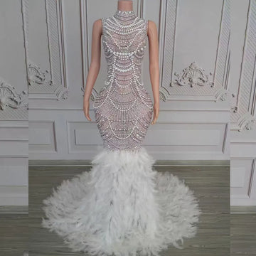 Sexy Stage Sparkly Rhinestones Pearls Long Feathers Dress Women Birthday Celebrate Wedding Evening Prom Photoshoot Dress