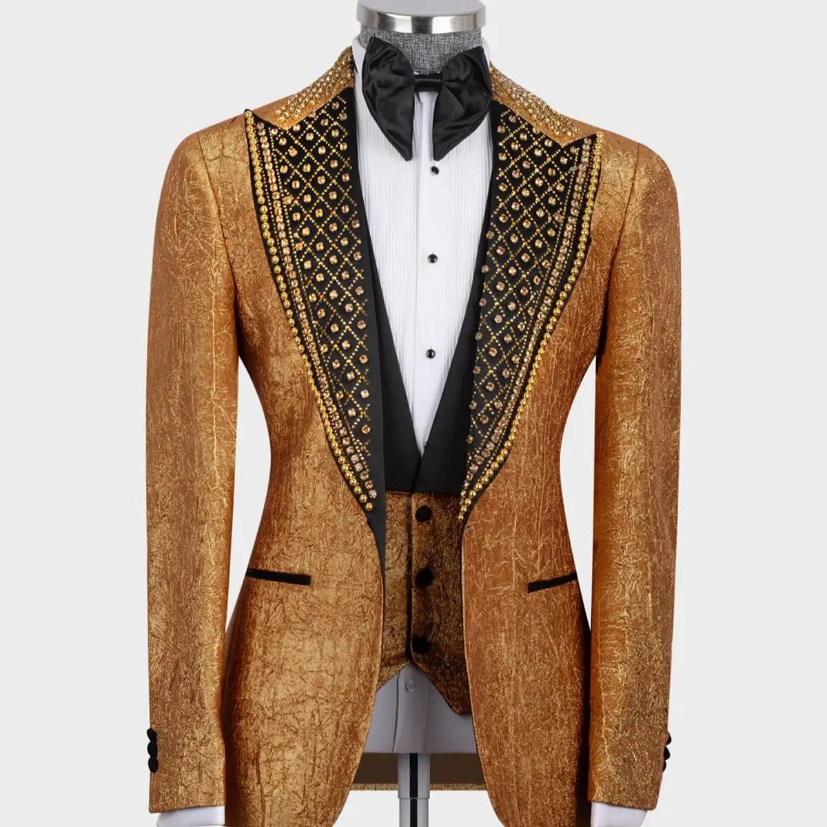 Costumes de marié 3 pièces pour hommes, veste à revers pointu avec pantalon, tenues de soirée et de bal, avec perles dorées