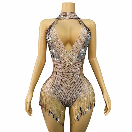 Sparkly Rhinestones Chain Sequins Tight Bodysuit Women Sexy Halter Backless Luxury Performance Dance Costume Club Stage Wear