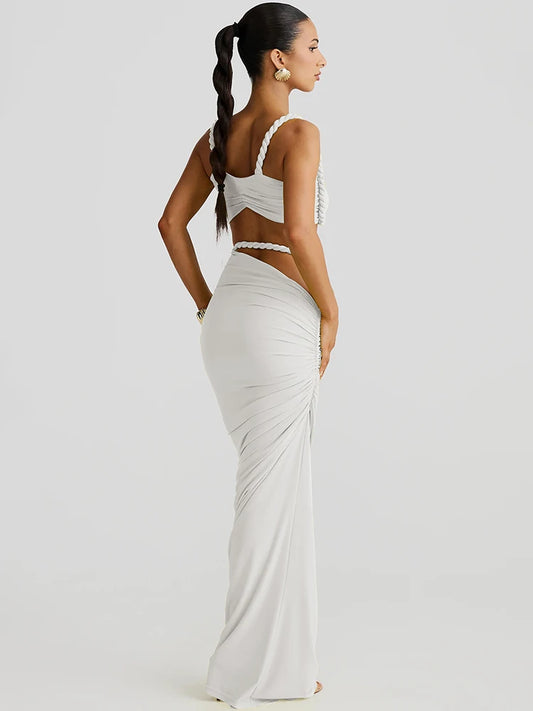 Ensemble 2 pièces à col carré pour femme, soutien-gorge et jupe longue moulante, bandage froncé, tenue tendance pour les vacances d'été, la plage et les fêtes