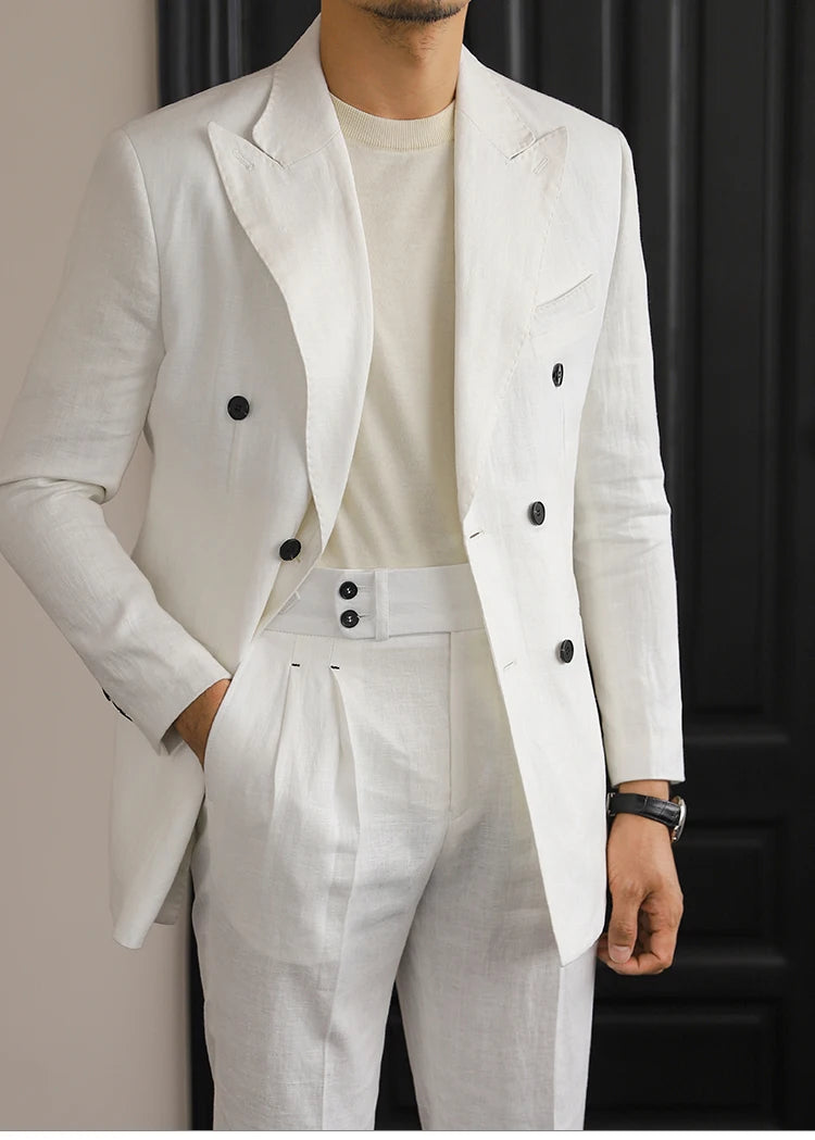 Costume homme élégant en lin croisé, coupe slim, look rétro, disponible en quatre couleurs élégantes
