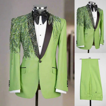 Unique Men's Suit Beading Shawl Lapel Blazer 2 Pieces Set Outfits Rhinestone Coat Prom Formal Occasion Customized Jacket Pants