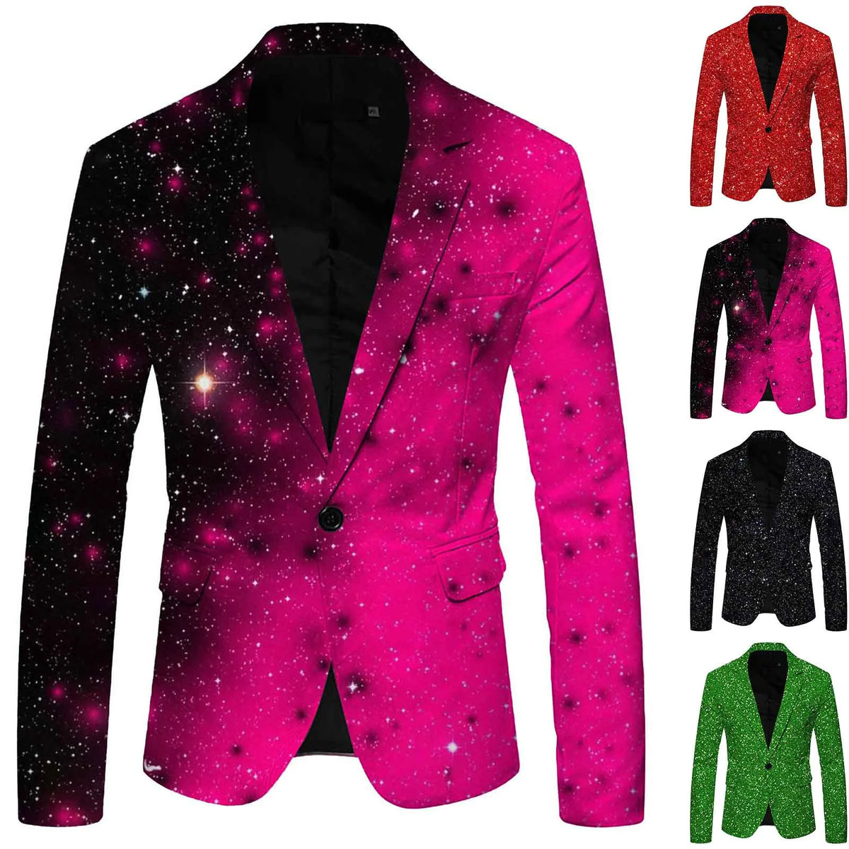 Chaqueta de traje con lentejuelas estampadas para hombre, con solapa y bolsillos, ideal para discotecas, de botonadura sencilla y manga larga, color negro. 