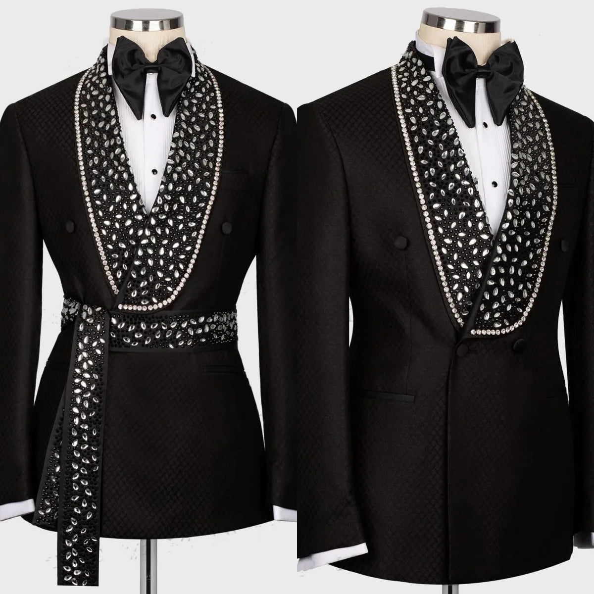 Vintage Men's Suit Rhinestone Shawl Lapel Blazer One Pieces Set Coat with Belt Beaded Prom Formal Occasion Customized Jacket