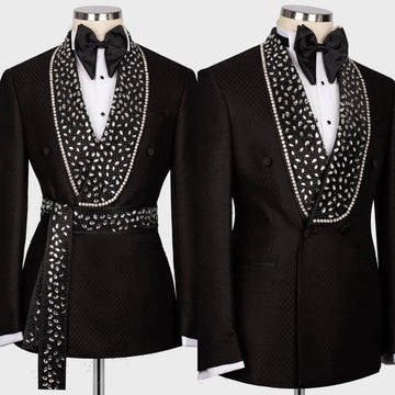 Vintage Men's Suit Rhinestone Shawl Lapel Blazer One Pieces Set Coat with Belt Beaded Prom Formal Occasion Customized Jacket
