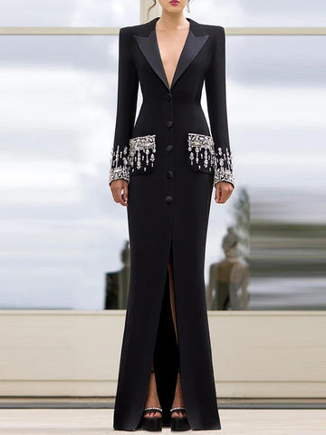 Women's Long Sleeve Notched Collar Rhinestone Diamonds Beading Maxi Long Dress