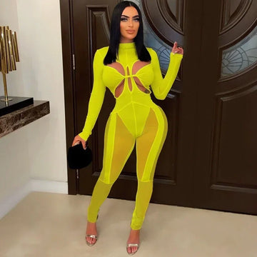 Mesh Patchwork Cut Out High Wais Long Sleeve Skinny Stretch Sexy Jumpsuit Hollow Out Night Club Women Overalls
