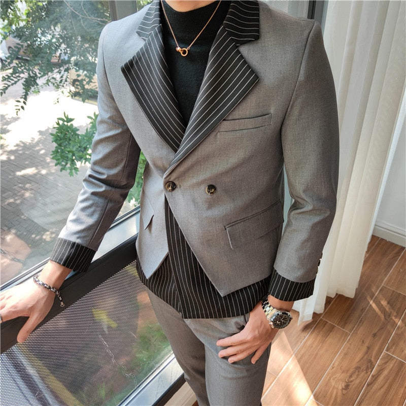 Korean Patchwork Suit 2 Piece Suit Blazer Men Suit Set Slim Fit Tuxedo Suit Blazer Suit Men Stylish Blazer Stage Party Club