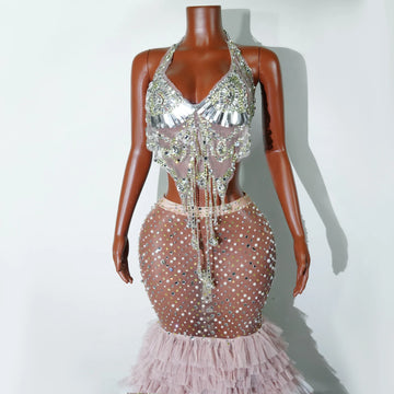 Sexy Stage Sparkly Rhinestones Pearls Long Feathers Dress Women Birthday Celebrate Wedding Evening Prom Photoshoot Dress