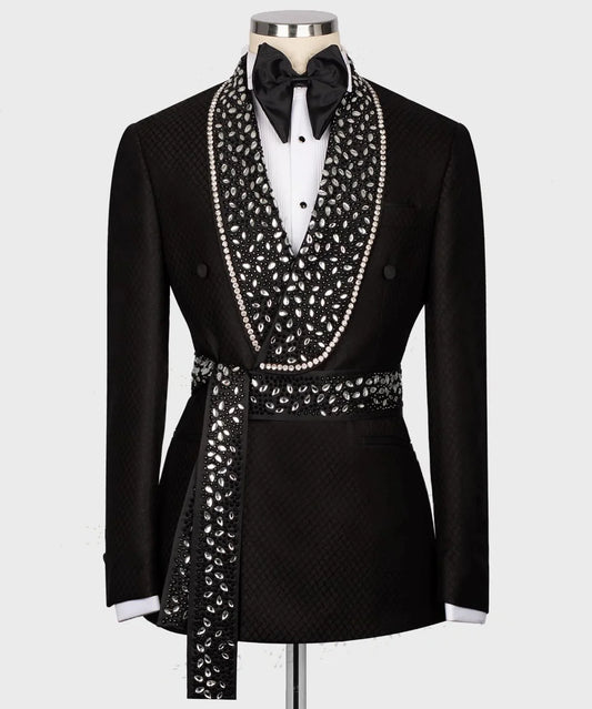 Vintage Men's Suit Rhinestone Shawl Lapel Blazer One Pieces Set Coat with Belt Beaded Prom Formal Occasion Customized Jacket