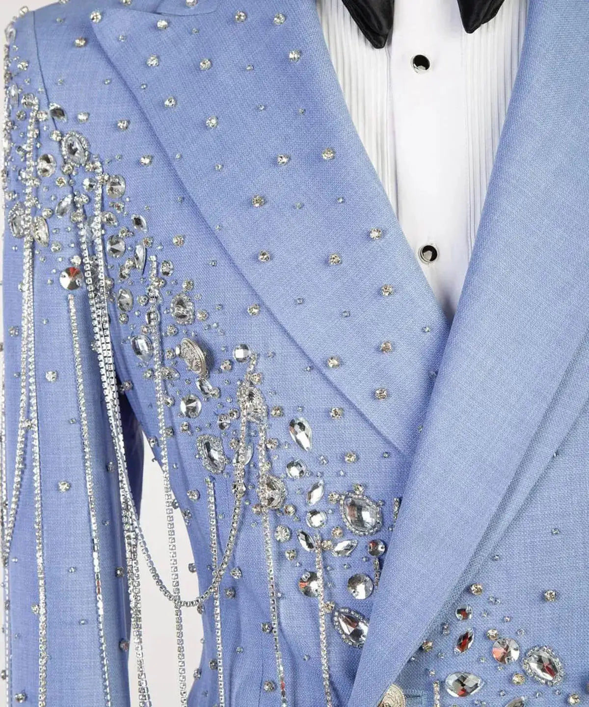 Light Blue Beaded Men's Tuxedo Suit, Double-Breasted Blazer and Pants for Weddings and Prom, Custom Tailored