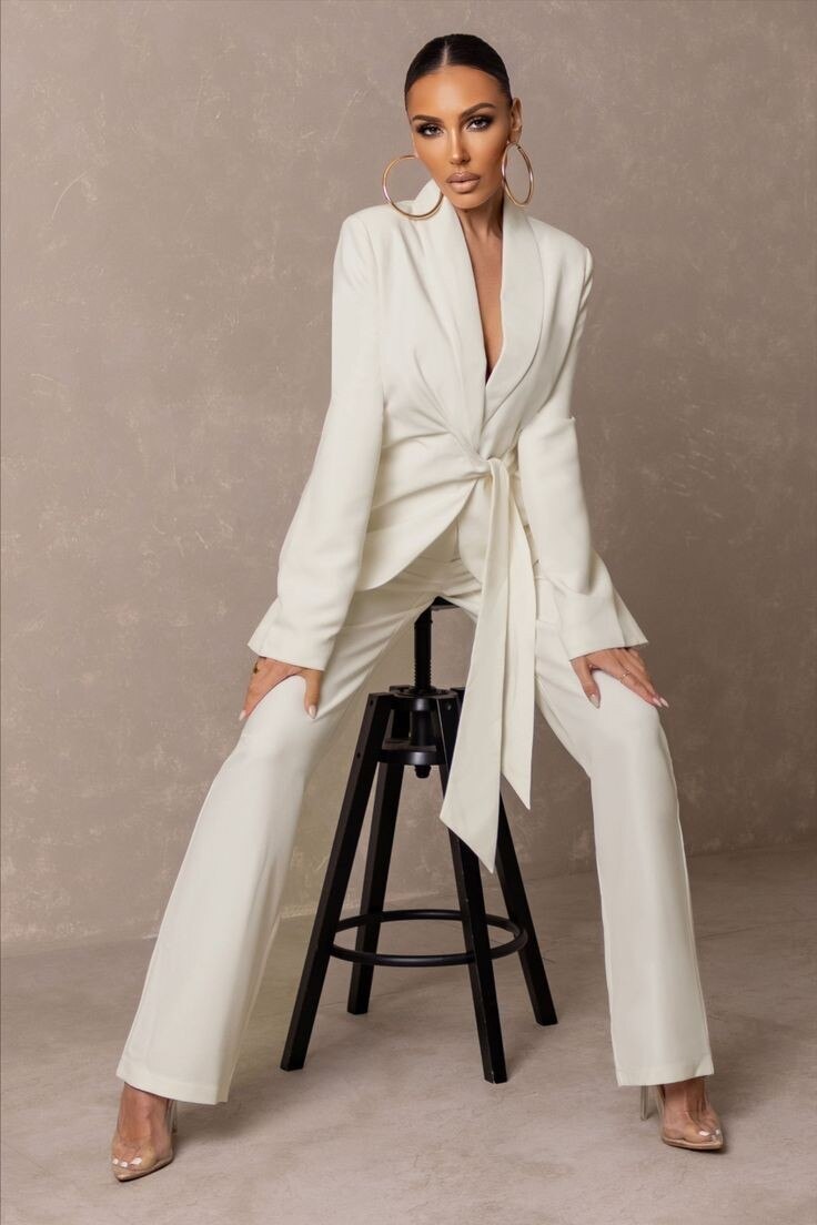 Trajes de pantalón para mujer, color marfil, para boda, cintura alta, manga larga, para noche, 2 piezas 