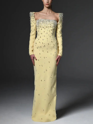 Fashion Designer Vestido Women's Square Collar Beading Diamonds Long Sleeve Maxi Dress