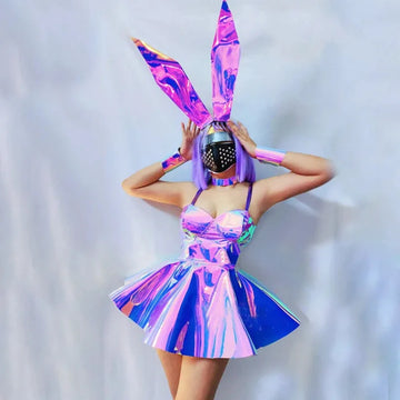 Purple Laser Short Dress Headgear Anime Cosplay Costume Women Bar Nightclub Gogo Sexy Stage Wear Halloween Party Festival Outfit
