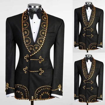 Handsome Wedding Tuxedos Rhinestone Beaded Double Breasted Men Suit Shawl Lapel 1 Piece Set Jacket Groom Blazers Customized