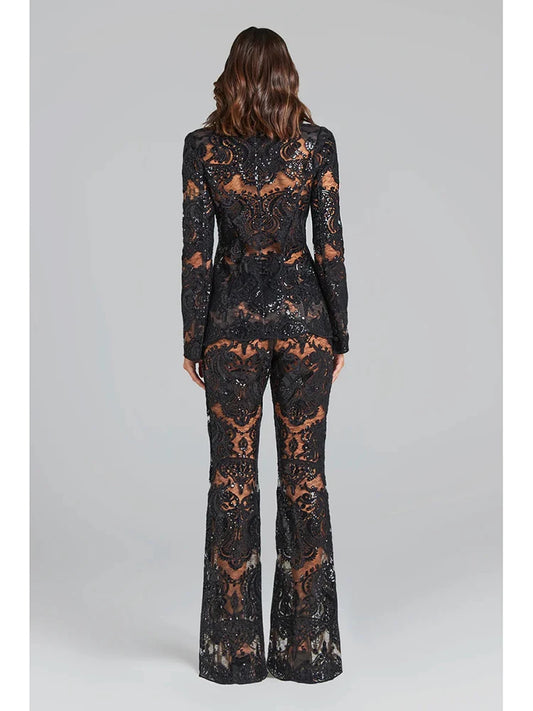 Black Lace Mesh Embroidered Sequin Pant Sets White New Designer Sequins Blazer Pants Set 2 Pieces Pants Suits Punk Suit Outfis