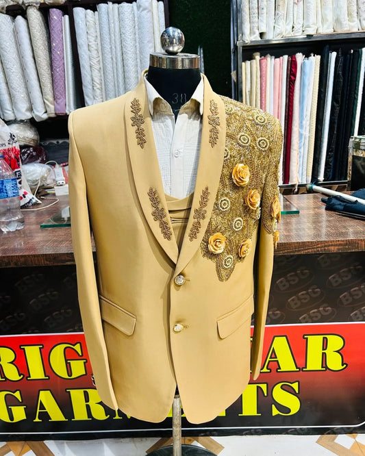Luxury Men Suits Shawl Lapel 3D Flowers Tailor-Made One Pieces Set Jacket Only Blazer Beading One Button Groom Customized Coat