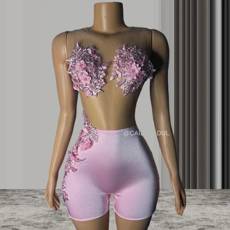 Pink African Bodysuit Cocktail Dresses 3D Floral Sheer Mesh Black Girl Mini Evening Party Birthday Gown Customsized Outift