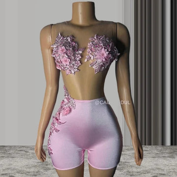 Pink African Bodysuit Cocktail Dresses 3D Floral Sheer Mesh Black Girl Mini Evening Party Birthday Gown Customsized Outift