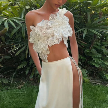 Sexy 3D Flower Vest Skirt Sets Women Slim Sequin Lace Up Crop Tops High Split Long Skirts Summer Lady Vacation Outfits