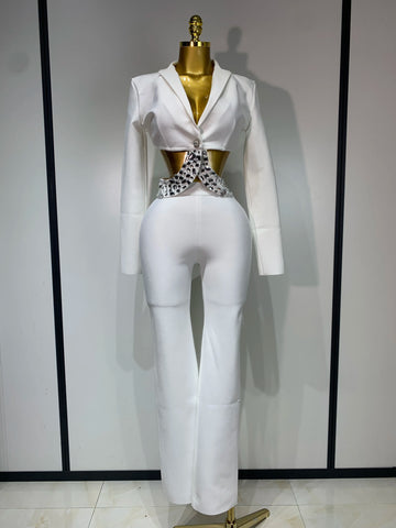 Women Sexy Long Sleeve Beading Bodycon Two Pieces Pants Bandage Set Celebrity Designer Fashion Women's Luxury Birthday Set