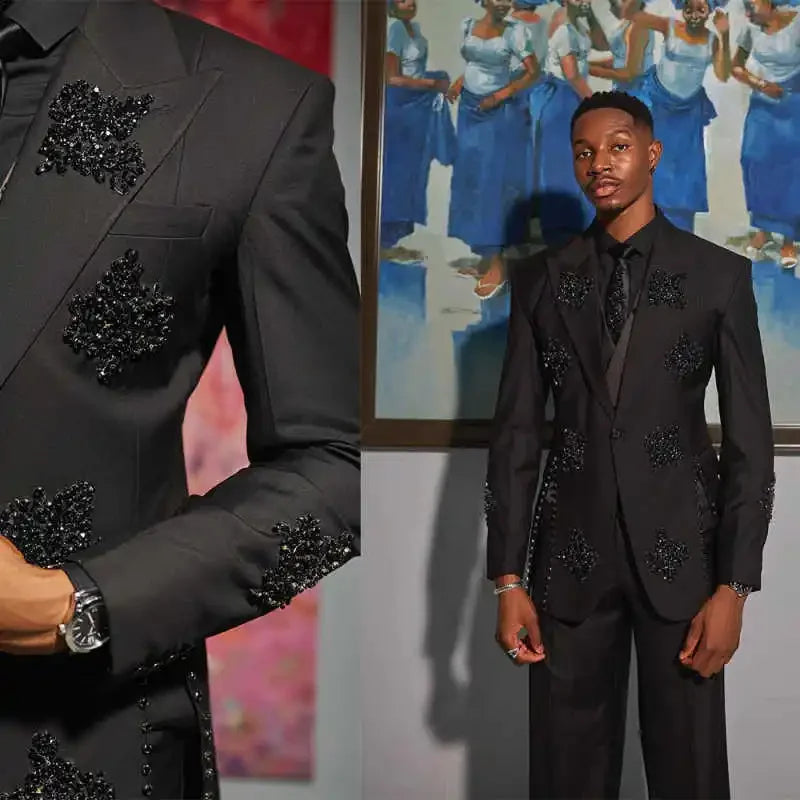 Luxury Beaded Wedding Men Suits 2 Pieces Groom Tuxedo for Prom Party One Button Crystals Slim Fit Wedding Customized Suit