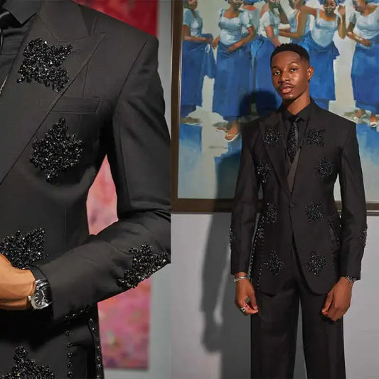 Luxury Beaded Wedding Men Suits 2 Pieces Groom Tuxedo for Prom Party One Button Crystals Slim Fit Wedding Customized Suit